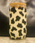 14 oz Glass Cow print drinking glass with bamboo lid and glass straw