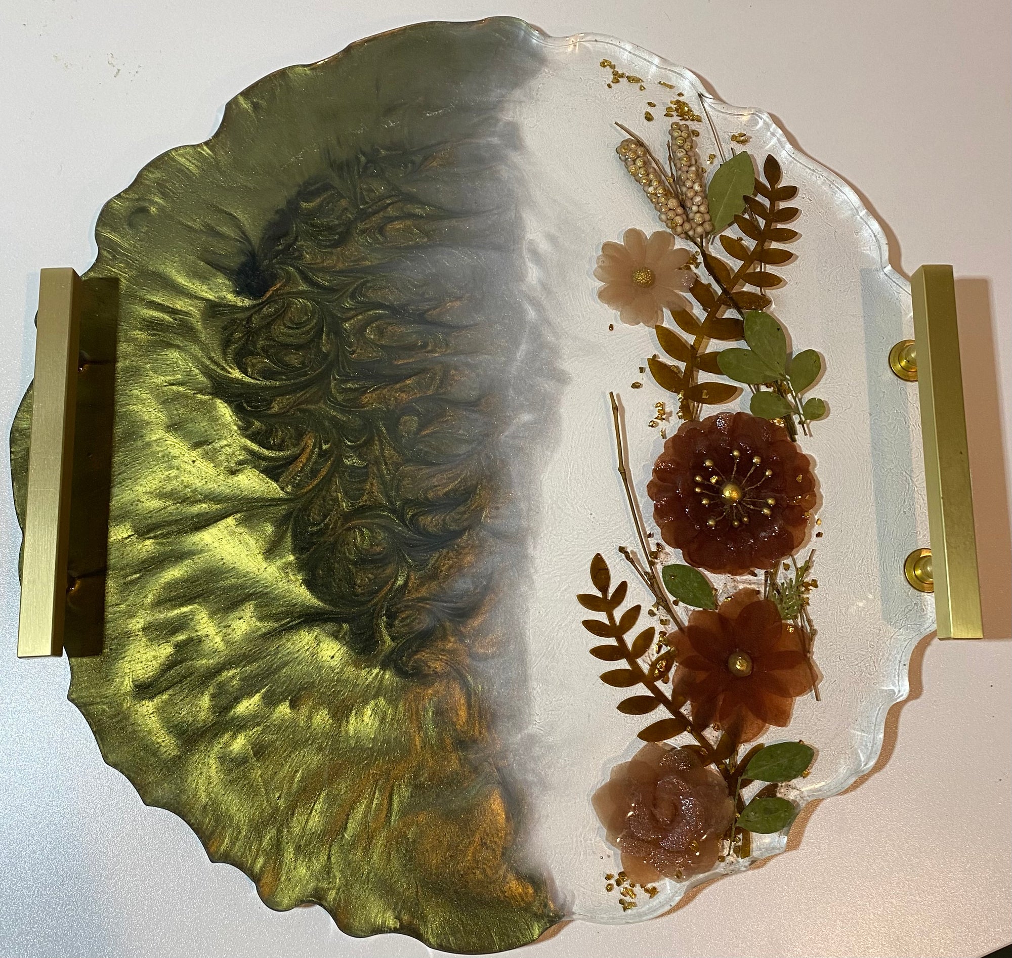 Green Mica Floral Serving Tray